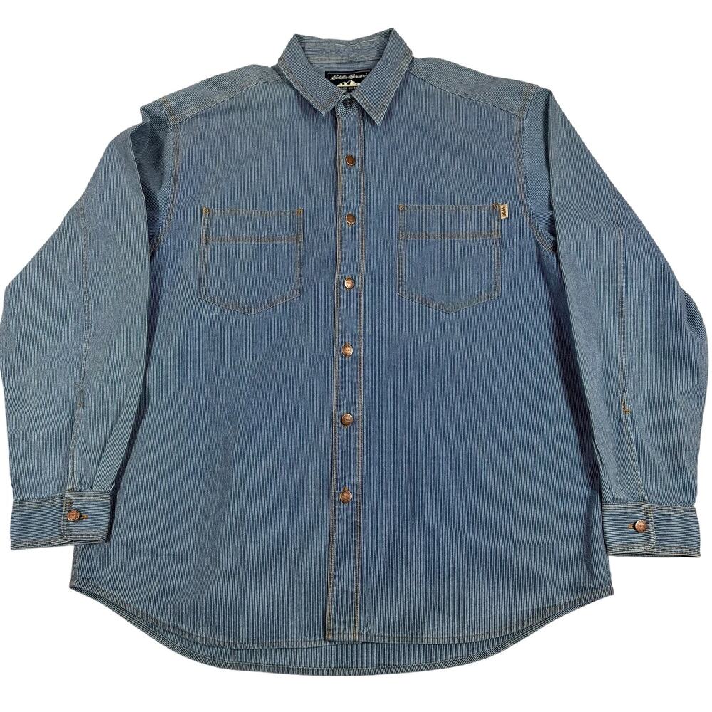 Vintage EDDIE BAUER Shirt Mens L Denim 1920 Workwear Heritage Stripes Outdoor
